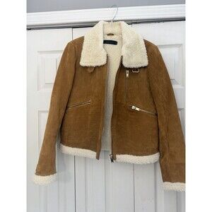 Zara sherpa Lined Tan suede Leather jacket Womens size Large Short Full Zip Coat